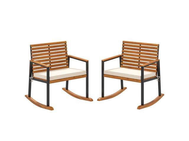 Aosom Acacia Wood Outdoor Lawn Rocking Chair Set of 2, Outdoor Patio Rocking Chairs with Armrests, Cushion, Cream White