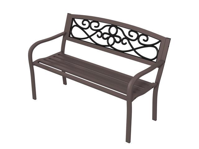 Aosom 50' Outdoor Bench, Metal Garden Bench with Floral Pattern Backrest, Porch Bench with Slatted Seat for Park, Yard, Lawn, Brown