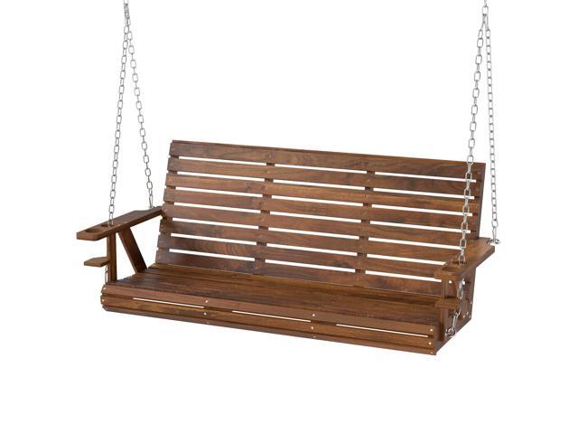 Aosom 3-Seater Swing Bench, Wooden Porch Swing with Cupholders, Hanging Chains for Patio Garden, Carbonized