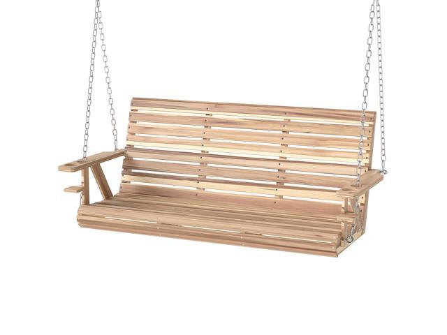 Aosom 3-Seater Swing Bench, Wooden Porch Swing with Cupholders, Hanging Chains for Patio Garden, Nature Wood