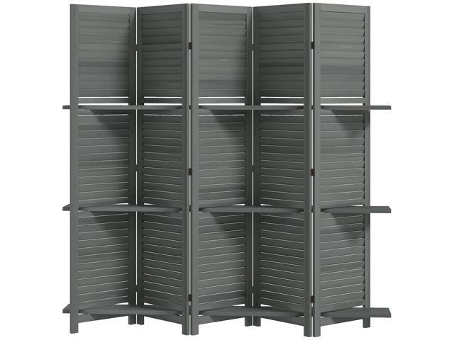 Aosom 5 Panel 67' Tall Wood Privacy Screen Room Divider with 3 Shelves and Folding Storage for Bedroom, Gray