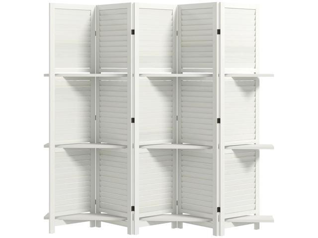 Aosom 5 Panel 67' Tall Wood Privacy Screen Room Divider with 3 Shelves and Folding Storage for Bedroom, White