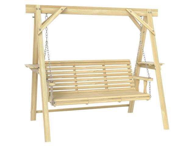 Aosom 3 Seat Wooden Porch Swing with Stand, Patio Swing with Side Tables, for Garden, Poolside, Backyard, Natural Wood