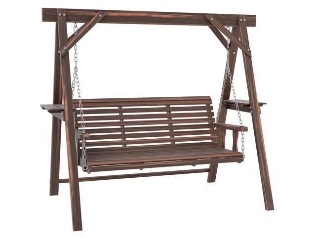 Aosom 3 Seat Wooden Porch Swing with Stand, Patio Swing with Side Tables, for Garden, Poolside, Backyard, Carbonized Brown