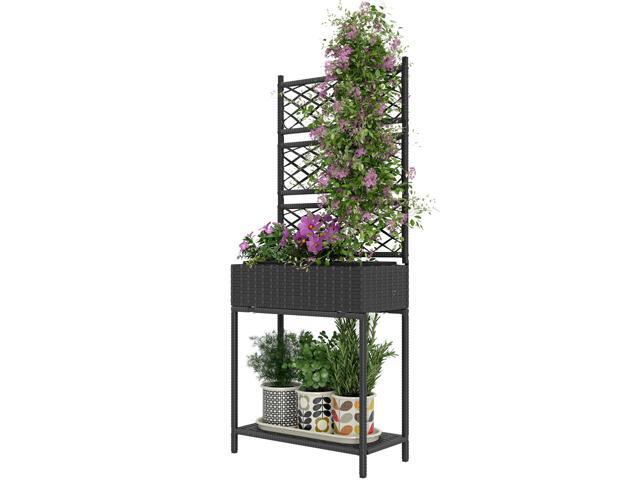 Aosom Outdoor Wicker Planter with Trellis for Climbing Plants, Freestanding Rattan Garden Box with Storage Shelf, Black