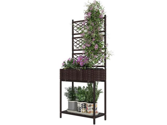 Aosom Outdoor Wicker Planter with Trellis for Climbing Plants, Freestanding Rattan Garden Box with Storage Shelf, Brown