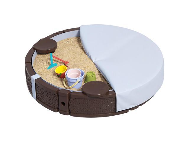 AosomQaba 47' Round Kids Sandbox with Cover, 3 Seats, Waterproof Bottom Liner, for Backyard, Lawn, Garden, Beach, Patio, Brown