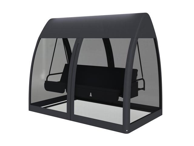 Aosom 3 Seat Outdoor Swing Chair Convertible Covered Day Bed with Canopy, Mesh Netting, Steel Stand for Garden, Patio, Gray