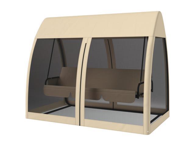 Aosom 3 Seat Outdoor Swing Chair Convertible Covered Day Bed with Canopy, Mesh Netting, Steel Stand for Garden, Patio, Coffee