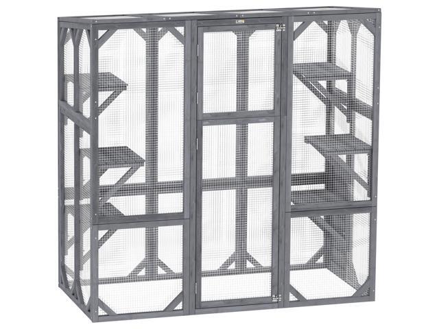 Aosom Large Wooden Catio Outdoor with 6 Jumping Platforms, Weatherproof Roof, for 1-3 Cats, 59' x 28' x 60', Gray