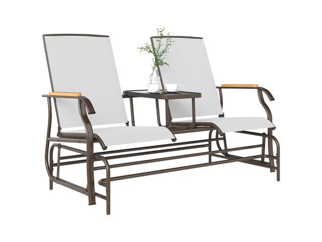 Aosom Outdoor 2-Person Glider Bench, Outside Glider Swing Chair Loveseat with Table, Steel Frame, Cream White