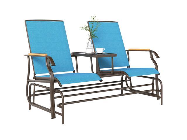 Aosom Outdoor 2-Person Glider Bench, Outside Glider Swing Chair Loveseat with Table, Steel Frame, Blue