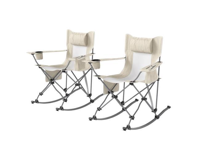 Aosom Folding Rocking Camping Chairs, Portable Chairs with Headrest, Cooler Bag, Cup Holder, Carry Bag, 2 Pack, Cream