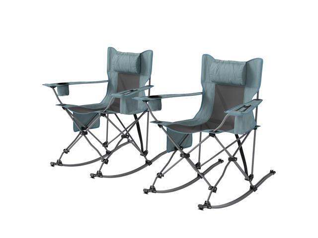 Aosom Folding Rocking Camping Chairs, Portable Chairs with Headrest, Cooler Bag, Cup Holder, Carry Bag, 2 Pack, Gray