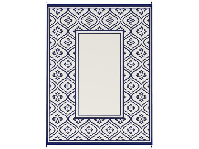 Aosom Reversible Outdoor Rug, Waterproof Plastic Straw with Carry Bag, 9' x 12', Blue & White Gourd Border