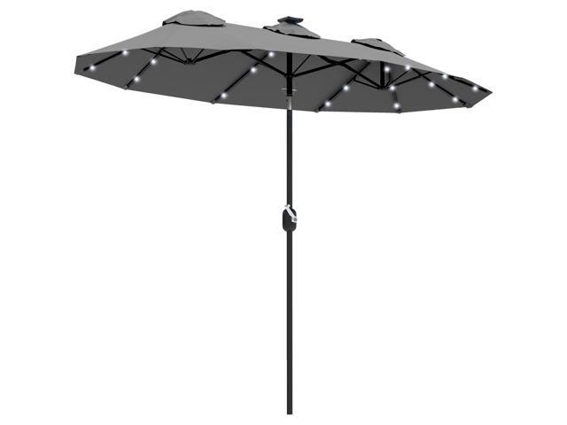 Aosom Double-sided Patio Umbrella, 9.7' Outdoor Umbrella with Tilt and Crank, LED Solar Light and 12 Ribs, Gray