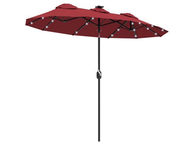 Aosom Double-sided Patio Umbrella, 9.7' Outdoor Umbrella with Tilt and Crank, LED Solar Light and 12 Ribs, Wine Red