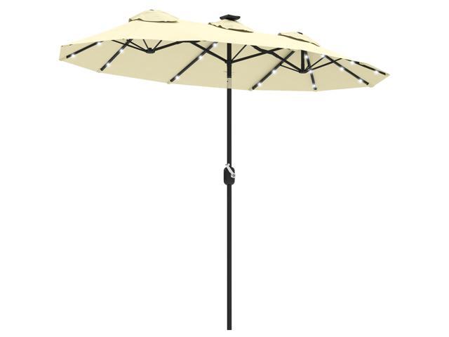 Aosom Double-sided Patio Umbrella, 9.7' Outdoor Umbrella with Tilt and Crank, LED Solar Light and 12 Ribs, Cream White