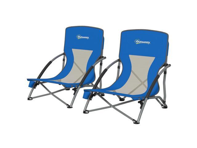 Aosom Set of 2 Folding Beach Chairs with Mesh Back, Carry Bag and Cup Holder for Outdoor Camping Lawn Sports Picnic Dark Blue