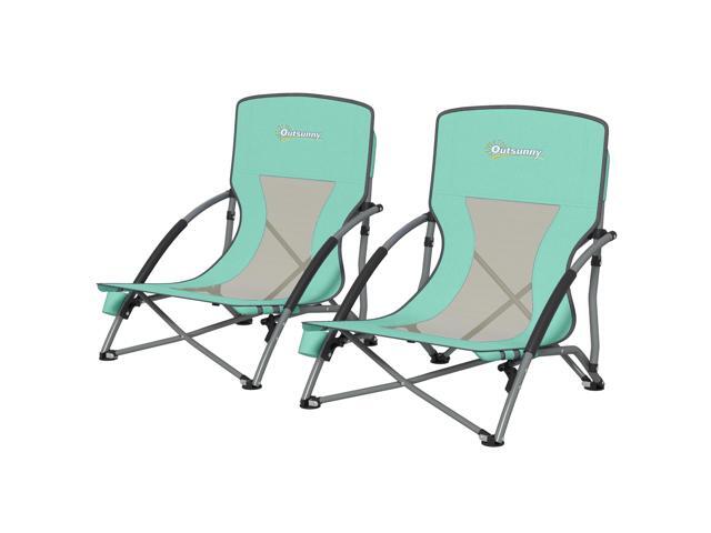 Aosom Set of 2 Folding Beach Chairs with Mesh Back, Carry Bag and Cup Holder for Outdoor Camping Lawn Sports Picnic Turquoise