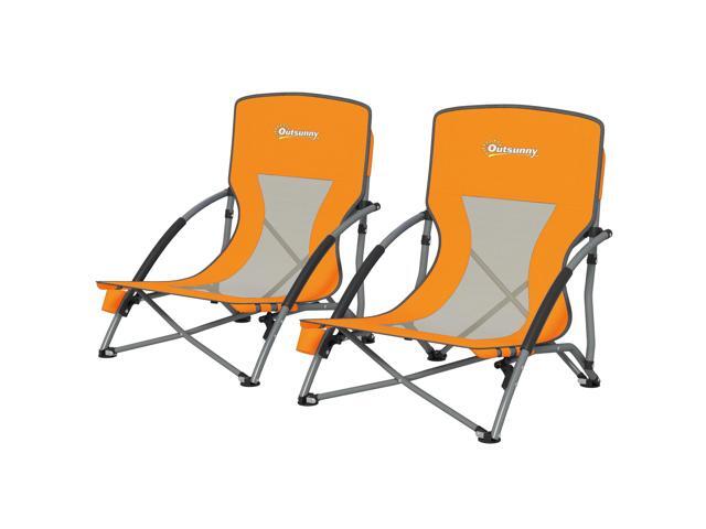 Aosom Set of 2 Folding Beach Chairs with Mesh Back, Carry Bag and Cup Holder for Outdoor Camping Lawn Sports Picnic Orange
