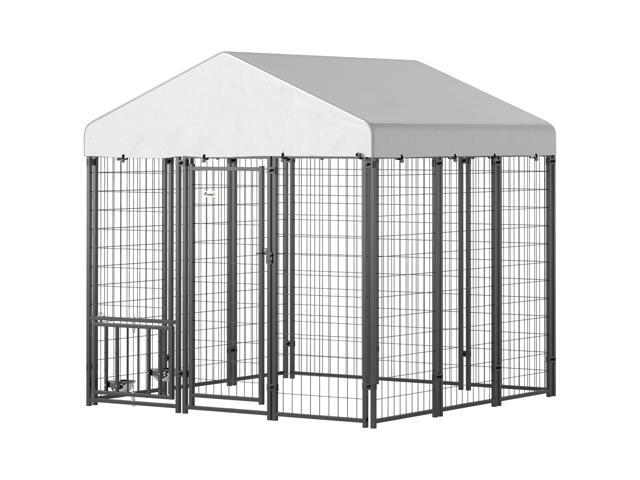 Aosom 5.9' x 5.9' x 6' Outdoor Dog Kennel with Roof, Rotating & 4-Level Adjustable Bowls
