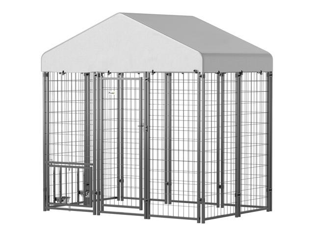 Aosom 5.9' x 4' x 6' Outdoor Dog Kennel with Roof, Rotating & 4-Level Adjustable Bowls