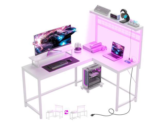Aosom 61.6' L Shaped Gaming Desk with Power Outlets & LED Lights, Computer Desk with Monitor Stand and CPU Shelf, White