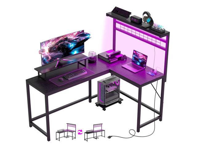 Aosom 61.6' L Shaped Gaming Desk with Power Outlets & LED Lights, Computer Desk with Monitor Stand and CPU Shelf, Black