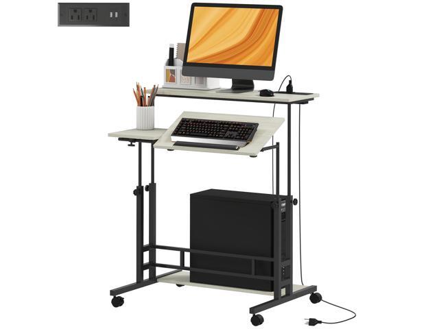Aosom Adjustable Standing Desk with Power Outlets, Stand Up Desk with Tiltable Tabletop, Wheels, Shelf, for Home Office, Oak