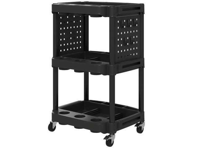 Aosom 3-Tier Rolling Tool Cart, 200 LBS Capacity Plastic Utility Cart with Side Shelves for Garage, Workshop, Black