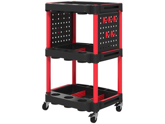 Aosom 3-Tier Rolling Tool Cart, 200 LBS Capacity Plastic Utility Cart with Side Shelves for Garage, Workshop, Black and Red