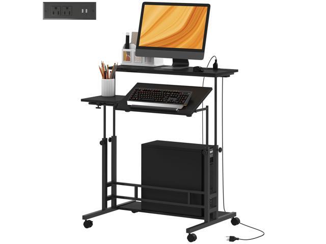 Aosom Adjustable Standing Desk with Power Outlets, Stand Up Desk with Tiltable Tabletop, Wheels, Shelf, for Home Office, Black