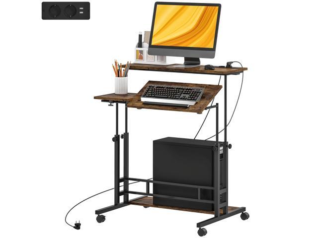 Aosom Adjustable Standing Desk with Power Outlets, Stand Up Desk with Tiltable Tabletop, Wheels, Shelf, for Home Office, Brown