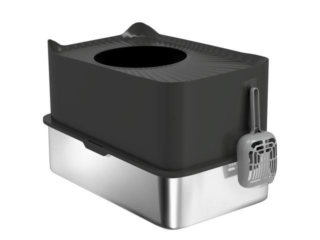 Aosom Extra Large Stainless Steel Litter Box, Enclosed Cat Litter Box with Scoop, Top Entrance, Non-slip Pads, Black