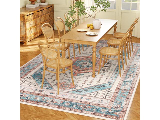 Aosom 8x10 Area Rug, Vintage Machine Washable Rug, Non-Slip Floor Carpet for Living Room, Bedroom, Dining Room, Brown and Blue