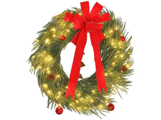 Aosom 36 Inch Christmas Wreath for Front Door with LED Lights, Prelit Christmas Wreath with 8 Modes and Ornaments, Green