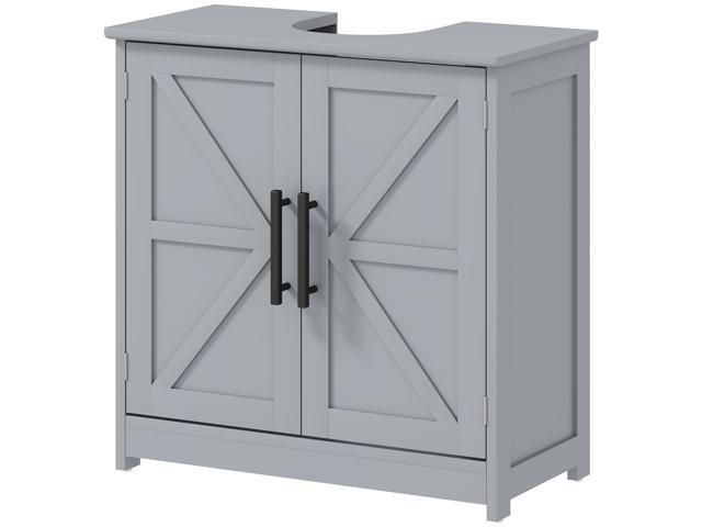 Aosom Farmhouse Pedestal Sink Storage Cabinet, Bathroom Sink Cabinet with 2 Barn Doors and Adjustable Shelf, Dark Gray