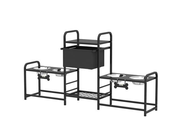 Aosom 3 Height Adjustable Dog Bowl Stand with 2 Feeding Stations, Toy Bin Basket, Black