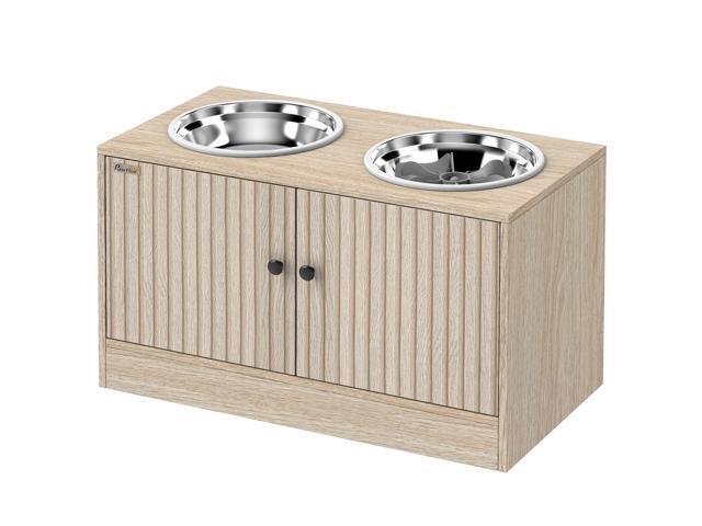 Aosom Elevated Dog Bowls with Storage Cabinet, 2 Stainless Steel Bowls, Slow Feeder, Dog Feeding Station for Large Dogs, Oak