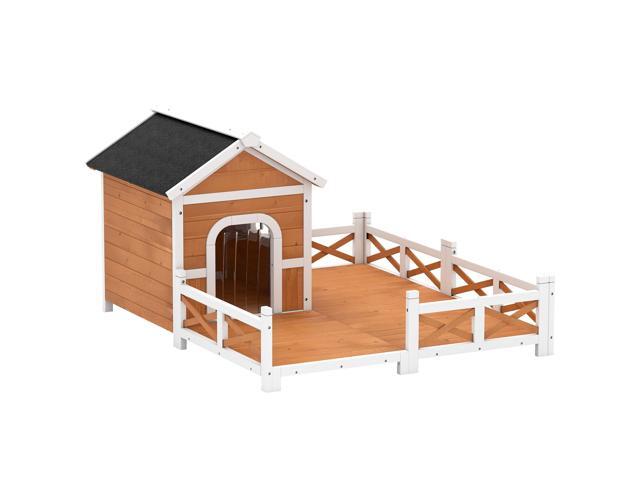 Aosom Outdoor Wooden Dog House, Dog Shelter with Large Porch, Weatherproof & Openable Roof, Elevated Base, Removable Floor