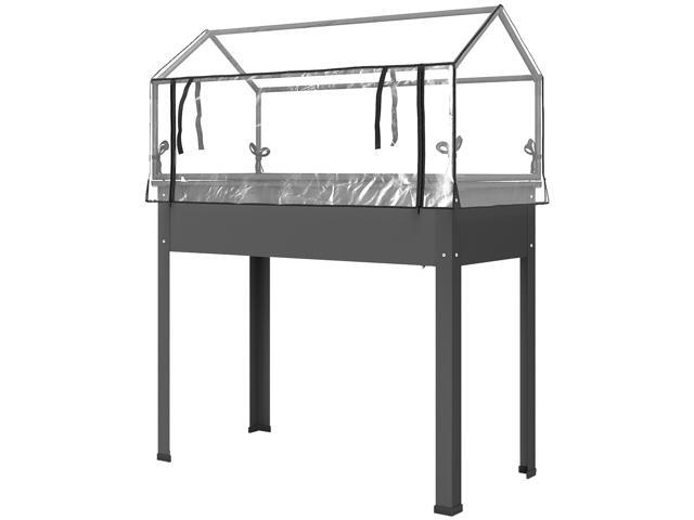 Aosom Elevated Garden Box with Greenhouse Cover, Raised Garden Bed with Legs and Drainage Hole for Vegetables, Dark Gray