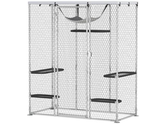 Aosom Catio Outdoor Cat Enclosure, Galvanized Steel Walk-in Cat Cage with Waterproof Cover, 5 Adjustable Platforms, Hammock