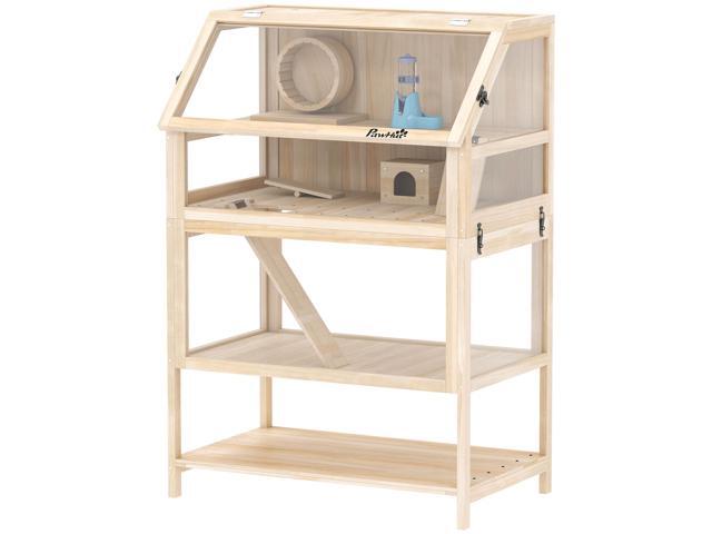 Aosom Wooden Hamster Cage with Detachable Lower Floor, Storage Shelf, Hut, Seesaw, Exercise Wheel, Ramps for Dwarf