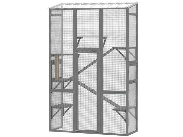 Aosom Outdoor Catio Cat Enclosure, Large Wooden Cat House with 6 Jumping Platforms, Scratching Post, 2 Ramps, for 2-3 Kittens