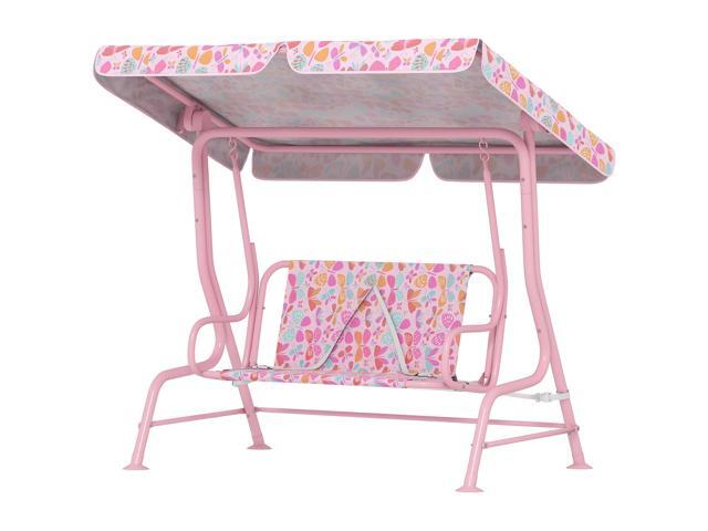 AosomQaba Kids Patio Swing, 2-Seater Outdoor Porch Swing with Safety Belt and Adjustable Canopy for Backyard Garden, Pink