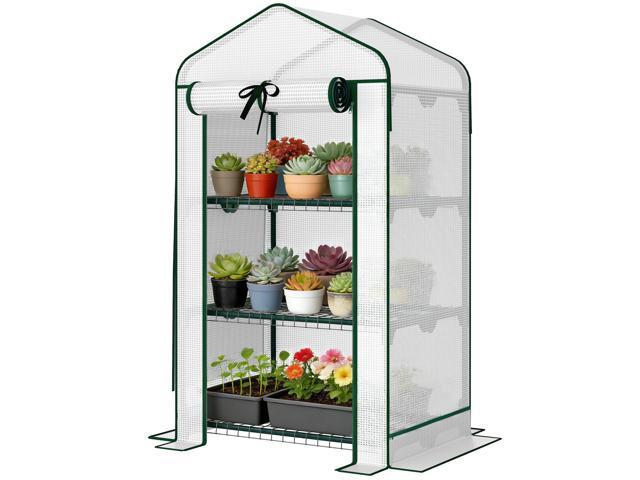 Aosom Mini Greenhouse with Screen Roof, Portable Small Greenhouse with Roll-Up Zipper Door, 27.6' x 19.7' x 50', White