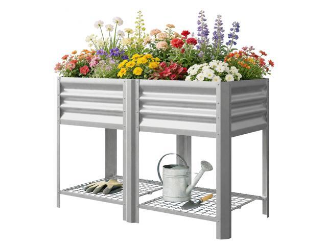Aosom Raised Garden Bed Galvanized Steel, Elevated Planter Box with Storage Shelf, Bed Liner, 31.5' High, Silver