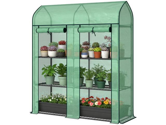 Aosom 3 Tier Mini Greenhouse, Small Portable Greenhouse with 2 Roll-up Doors, 56.3' x 18.1' x 65', Green