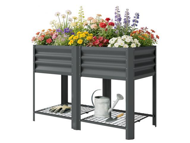 Aosom Raised Garden Bed Galvanized Steel, Elevated Planter Box with Storage Shelf, Bed Liner, 31.5' High, Dark Gray